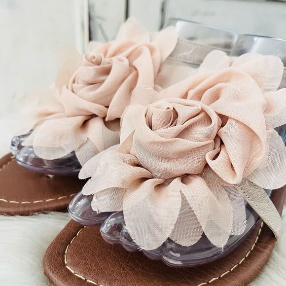 Amy Blush Rose Pink Soft Chiffon Floral Ankle Strap Sandals - Size 7.5 - Picture 2 of 7